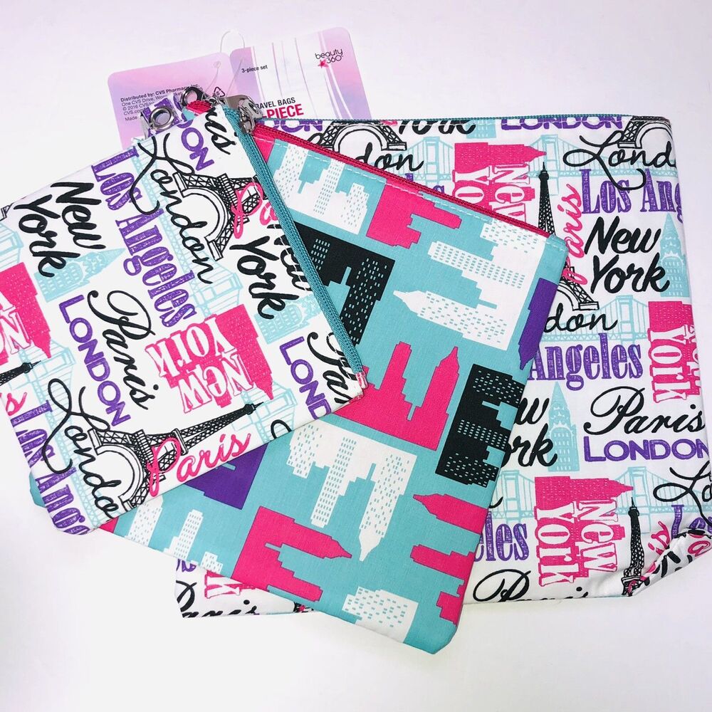 Beauty 360 City Print 3-Piece Travel Make Up Bags 10”X9.5” 8”X8” 6”X6” NWT